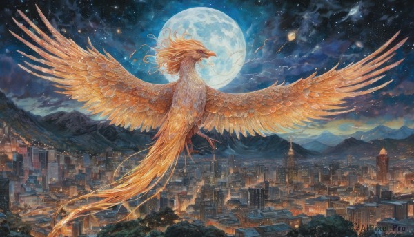 solo,outdoors,wings,sky,cloud,tree,no humans,night,bird,animal,moon,building,star (sky),night sky,scenery,feathered wings,full moon,starry sky,flying,mountain,city,fantasy,cityscape,rooftop,city lights,talons,town,landscape