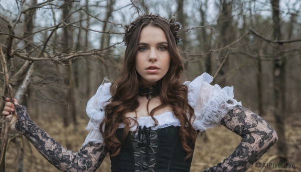 1girl,solo,long hair,looking at viewer,blue eyes,brown hair,gloves,dress,holding,upper body,weapon,outdoors,parted lips,choker,puffy sleeves,fingerless gloves,nail polish,blurry,tree,lips,see-through,hand on hip,blurry background,wavy hair,tiara,crown,nature,lace,corset,forest,curly hair,realistic,bare tree,hair ornament,lolita fashion,gothic lolita,lace gloves