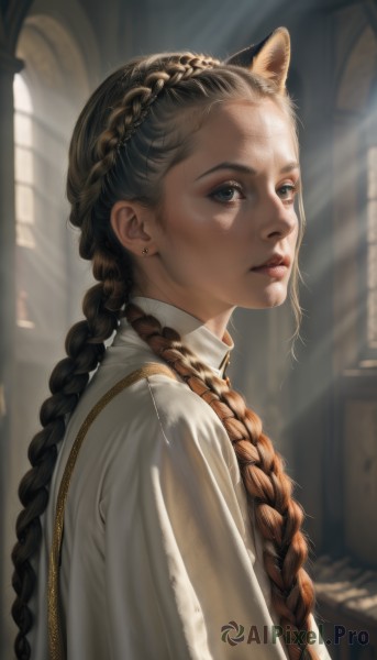 1girl,solo,long hair,looking at viewer,blue eyes,brown hair,shirt,animal ears,jewelry,closed mouth,white shirt,upper body,braid,earrings,day,indoors,blurry,twin braids,from side,lips,looking to the side,grey eyes,eyelashes,blurry background,sunlight,hair over shoulder,forehead,braided ponytail,light rays,realistic,nose,hair pulled back,multiple braids,bangs,black hair,dress,twintails,parted lips,white dress,makeup,extra ears,stud earrings,sunbeam