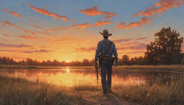 solo,shirt,long sleeves,1boy,hat,holding,standing,weapon,male focus,boots,outdoors,sky,belt,pants,cloud,water,from behind,holding weapon,tree,gun,cloudy sky,grass,blue shirt,holding gun,nature,scenery,handgun,reflection,walking,sunset,sun,facing away,holster,cowboy hat,revolver,lake,cowboy western,gloves,denim,sleeves rolled up,pouch,field,holstered weapon