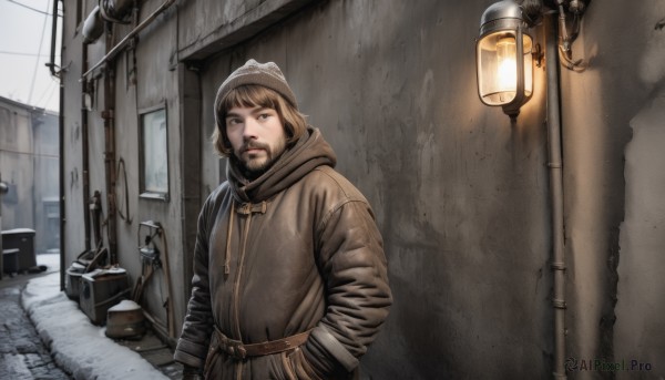 solo,looking at viewer,short hair,bangs,brown hair,gloves,long sleeves,1boy,hat,brown eyes,jacket,upper body,weapon,male focus,outdoors,day,hood,coat,gun,facial hair,hood down,ground vehicle,motor vehicle,beard,hand in pocket,lantern,realistic,brown headwear,beanie,winter clothes,lamp,brown coat,lamppost,street,alley,standing,parted lips,belt,scenery,hands in pockets,mustache,door,stubble,road