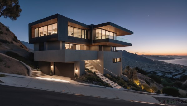 outdoors,sky,day,cloud,water,tree,blue sky,no humans,window,night,ocean,fire,building,star (sky),night sky,scenery,sunset,stairs,mountain,door,horizon,road,bush,house,shadow,grass,plant,evening,path,sunrise