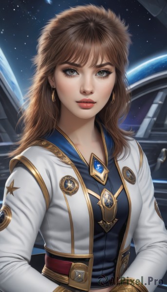 1girl,solo,long hair,breasts,looking at viewer,bangs,brown hair,shirt,long sleeves,brown eyes,jewelry,jacket,upper body,earrings,belt,signature,star (symbol),lips,makeup,white jacket,lipstick,star (sky),starry sky,science fiction,realistic,nose,red lips,space,planet,earth (planet),spacecraft,medium breasts,closed mouth,open clothes,uniform,open jacket,eyelashes,blue shirt,gem