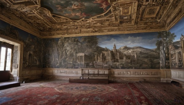 outdoors,sky,day,cloud,indoors,tree,no humans,window,building,scenery,stairs,mountain,city,fantasy,architecture,bridge,pillar,landscape,carpet,arch,blue sky,chair,sunlight,wooden floor,castle,desert,rug