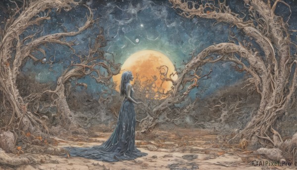 1girl,solo,long hair,dress,bare shoulders,standing,outdoors,sky,from side,tree,profile,night,blue dress,leaf,traditional media,moon,star (sky),night sky,scenery,full moon,starry sky,rock,long dress,branch,bare tree,black hair,full body,black dress,own hands together,plant,vines,wide shot