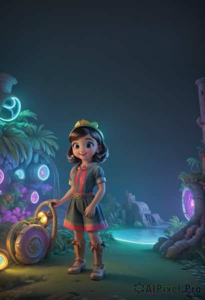 1girl,solo,looking at viewer,smile,short hair,open mouth,brown hair,black hair,dress,brown eyes,standing,full body,flower,short sleeves,boots,outdoors,water,black eyes,tree,night,grass,crown,plant,robot,child,female child,bangs,blue eyes,holding,jewelry,hairband,parted lips,teeth,belt,artist name,signature,black dress,flat chest,lips,makeup,glowing,leaf,upper teeth only,watermark,brown footwear,knee boots,rock,red lips,brown dress,mushroom