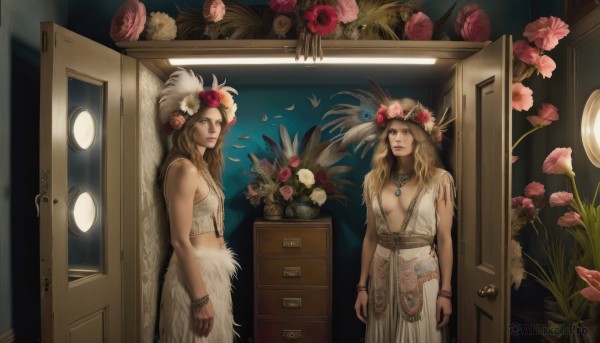 long hair,breasts,looking at viewer,blue eyes,multiple girls,blonde hair,brown hair,hair ornament,hat,dress,2girls,cleavage,bare shoulders,brown eyes,jewelry,medium breasts,standing,flower,midriff,indoors,hair flower,necklace,bracelet,lips,rose,bird,feathers,plant,white flower,red flower,pink flower,mirror,realistic,door,arms at sides,headdress,feather hair ornament,head wreath,pink rose,open door,1girl,potted plant