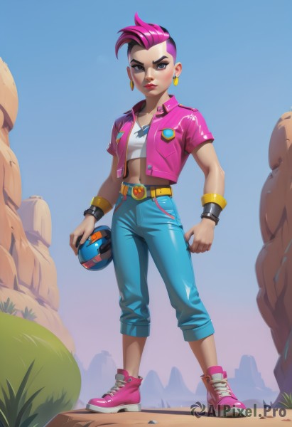 1girl,solo,breasts,looking at viewer,short hair,blue eyes,navel,holding,jewelry,standing,collarbone,jacket,full body,pink hair,short sleeves,multicolored hair,earrings,small breasts,outdoors,open clothes,sky,shoes,day,midriff,belt,pants,dark skin,nail polish,bracelet,two-tone hair,open jacket,lips,crop top,fingernails,strapless,makeup,piercing,helmet,grass,denim,lipstick,casual,wristband,sneakers,black nails,buckle,eyeshadow,headwear removed,cropped jacket,jeans,hoop earrings,rock,belt buckle,nose,pink footwear,blue pants,red lips,eyeliner,tube top,pink jacket,very short hair,undercut,tomboy,mascara,humanization,helmet removed,mohawk,nose piercing,holding helmet,motorcycle helmet,shirt,alternate costume,artist name,necklace,blue sky,scar,web address,scar on face,asymmetrical hair,scar across eye,desert,cliff