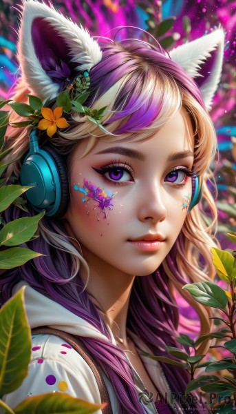 1girl,solo,long hair,looking at viewer,bangs,blonde hair,shirt,hair ornament,animal ears,closed mouth,purple eyes,jacket,upper body,purple hair,flower,multicolored hair,open clothes,artist name,cat ears,signature,hair flower,hood,blurry,two-tone hair,open jacket,lips,streaked hair,animal ear fluff,fox ears,eyelashes,hoodie,makeup,depth of field,blurry background,swept bangs,headphones,leaf,watermark,facial mark,hood down,plant,lipstick,portrait,hooded jacket,web address,eyeshadow,zipper,pink lips,yellow flower,nose,unzipped,red lips,eyeliner,mascara,freckles,colorful