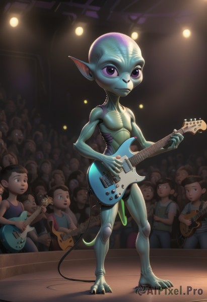 multiple girls,holding,standing,purple eyes,full body,multiple boys,solo focus,pointy ears,indoors,colored skin,monster girl,instrument,child,6+boys,blue skin,music,guitar,cable,bald,green skin,playing instrument,holding instrument,electric guitar,crowd,alien,stage,bass guitar,spotlight,concert,audience,male focus,male child,stage lights