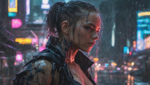 1girl, solo, breasts, blue eyes, black hair, cleavage, jewelry, medium breasts, upper body, ponytail, earrings, outdoors, blurry, lips, wet, profile, night, depth of field, blurry background, piercing, bandaid, science fiction, rain, realistic, nose, bandaid on face, wet hair, cyborg, bandaid on nose, cyberpunk, neon lights