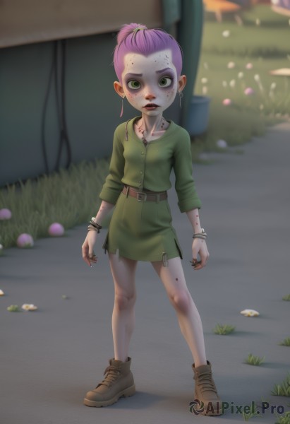 1girl,solo,looking at viewer,short hair,dress,jewelry,green eyes,standing,full body,pink hair,purple hair,flower,earrings,boots,outdoors,shoes,belt,hair bun,blurry,flat chest,bracelet,torn clothes,blood,buttons,blurry background,brown footwear,short dress,single hair bun,ring,grass,child,freckles,injury,blood on face,green shirt,female child,blood on clothes,dirty,blood on hands,horror (theme),skirt,shirt,ponytail,sweat,miniskirt,makeup,colored skin,green skirt,short ponytail,wide-eyed,scared,pigeon-toed,torn skirt