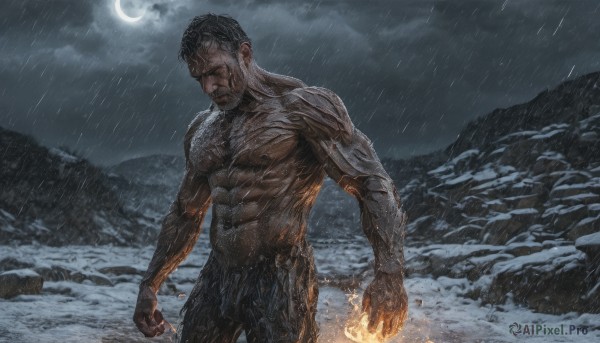 A captivating male within rainy outdoors