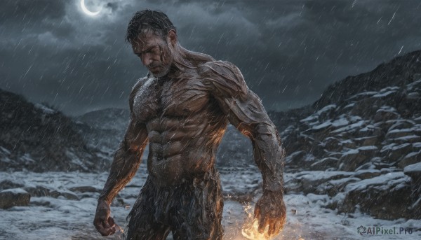 solo,short hair,black hair,1boy,closed mouth,standing,closed eyes,male focus,cowboy shot,outdoors,sky,cloud,water,wet,blood,muscular,night,facial hair,scar,abs,moon,cloudy sky,fire,pectorals,muscular male,night sky,beard,scar on face,rain,topless male,manly,navel,nude,completely nude,snow,rock,crescent moon,chest hair