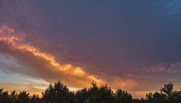 outdoors,sky,cloud,tree,no humans,cloudy sky,nature,scenery,forest,sunset,electricity,lightning,twilight,evening