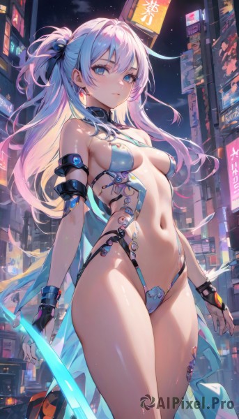 1girl,solo,long hair,breasts,looking at viewer,bangs,blue eyes,gloves,ribbon,navel,bare shoulders,jewelry,medium breasts,closed mouth,blue hair,standing,hair ribbon,ponytail,white hair,thighs,multicolored hair,cowboy shot,earrings,small breasts,outdoors,sky,black gloves,shiny,fingerless gloves,stomach,night,one side up,highleg,building,revealing clothes,night sky,city,blush,hair ornament,holding,two-tone hair,cameltoe,ground vehicle,arm strap,cyberpunk,neon lights