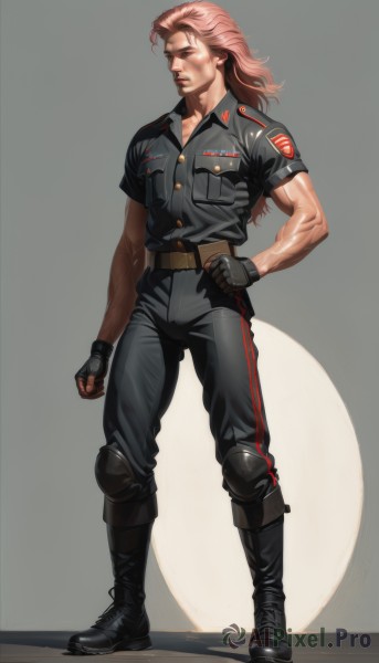 solo,long hair,brown hair,gloves,1boy,standing,full body,pink hair,short sleeves,male focus,boots,black gloves,belt,pants,fingerless gloves,black footwear,uniform,hand on hip,military,military uniform,muscular,scar,veins,realistic,knee pads,shirt,grey background,clenched hands,manly