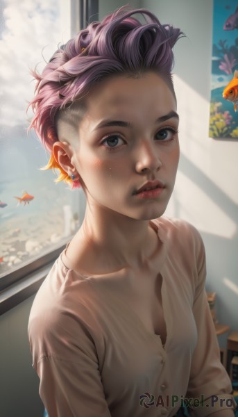 1girl,solo,breasts,looking at viewer,short hair,blue eyes,shirt,cleavage,jewelry,closed mouth,underwear,collarbone,white shirt,upper body,pink hair,purple hair,multicolored hair,earrings,small breasts,parted lips,day,cloud,indoors,bra,black eyes,lips,grey eyes,window,buttons,sunlight,freckles,fish,realistic,nose,goldfish,scar,piercing,ear piercing,undercut,mohawk,nose piercing,eyebrow piercing,aquarium