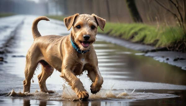 A glimpse of a dog in a lush rainy day