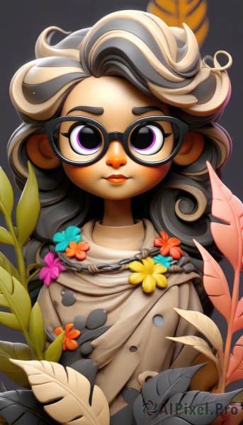 1girl,solo,long hair,looking at viewer,black hair,jewelry,purple eyes,upper body,flower,grey hair,multicolored hair,glasses,dark skin,necklace,two-tone hair,dark-skinned female,lips,leaf,plant,black-framed eyewear,curly hair,yellow flower,orange flower,simple background,closed mouth,white hair,artist name,grey background,streaked hair,gradient,torn clothes,gradient background,makeup,buttons,watermark,black background,red flower,messy hair,web address,cloak,blue flower,asymmetrical hair,brown cloak