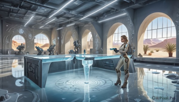 1girl,solo,short hair,brown hair,gloves,holding,sitting,standing,weapon,boots,multiple boys,indoors,water,armor,cup,gun,window,bodysuit,chair,table,sunlight,helmet,plant,robot,scenery,reflection,science fiction,glass,hologram,long hair,multiple girls,blonde hair,ass,sky,day,sword,cloud,holding weapon,tree,book,holding sword,shield,wooden floor,fantasy,clock,potted plant,candle,bald,magic circle,vase,helmet removed,carpet,reflective floor