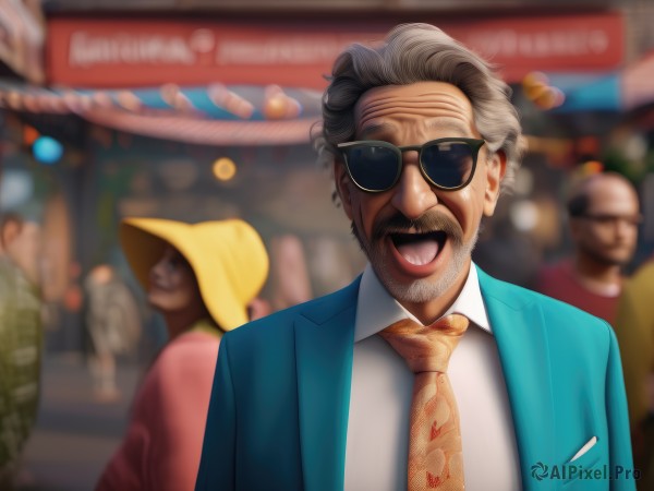 smile,open mouth,shirt,1boy,hat,jewelry,jacket,white shirt,upper body,:d,grey hair,male focus,earrings,outdoors,multiple boys,necktie,teeth,solo focus,collared shirt,blurry,depth of field,blurry background,facial hair,formal,sunglasses,suit,blue jacket,beard,green jacket,realistic,old,yellow necktie,old man,crowd,solo,looking at viewer,short hair,open clothes,virtual youtuber,open jacket,lips,cosplay,facing viewer,mustache