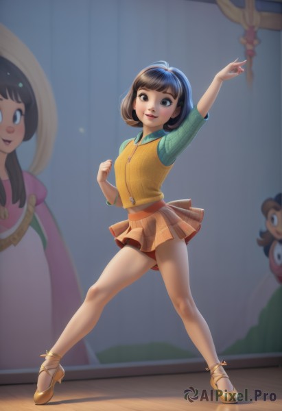 1girl,solo,looking at viewer,blush,smile,short hair,bangs,multiple girls,skirt,brown hair,shirt,black hair,long sleeves,2girls,brown eyes,jewelry,closed mouth,standing,panties,full body,pleated skirt,hairband,shoes,solo focus,collared shirt,artist name,indoors,miniskirt,blurry,black eyes,vest,arm up,high heels,bracelet,lips,legs,plaid,bare legs,depth of field,blurry background,plaid skirt,stuffed toy,wing collar,pointing,clenched hand,child,reflection,yellow shirt,wooden floor,mirror,green shirt,female child,dancing,orange skirt,plaid shirt,ballet slippers,long hair,open mouth,blue eyes,1boy,short sleeves,parted lips,nose,yellow footwear,ballet