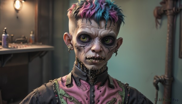 solo,looking at viewer,short hair,1boy,jewelry,green eyes,blue hair,upper body,pink hair,male focus,multicolored hair,earrings,teeth,indoors,blurry,two-tone hair,mask,piercing,portrait,mirror,undercut,stitches,horror (theme),mohawk,purple hair,bottle,skull,asymmetrical hair,realistic,sink,screw