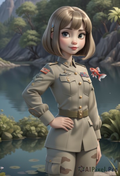 1girl,solo,breasts,looking at viewer,smile,short hair,bangs,blue eyes,blonde hair,brown hair,hair ornament,long sleeves,closed mouth,standing,jacket,cowboy shot,outdoors,day,hairclip,belt,pants,artist name,signature,water,blurry,uniform,tree,lips,hand on hip,grey eyes,military,military uniform,buttons,blurry background,bob cut,nature,forest,fish,epaulettes,pocket,brown jacket,rock,grey jacket,brown belt,breast pocket,grey pants,brown pants,river,lake,lily pad,pond,koi,shirt,small breasts,eyelashes,makeup,thick eyebrows,pink lips,nose,red lips