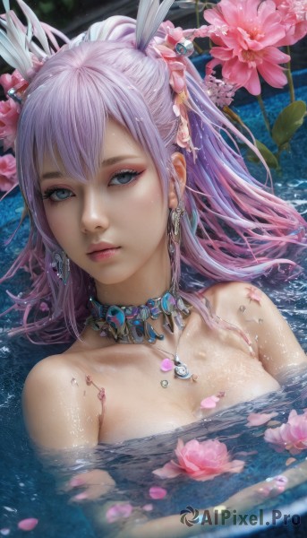 1girl,solo,long hair,breasts,looking at viewer,bangs,blue eyes,hair ornament,cleavage,jewelry,medium breasts,closed mouth,collarbone,upper body,ponytail,pink hair,flower,nude,earrings,water,necklace,lips,wet,grey eyes,petals,makeup,pink flower,partially submerged,realistic,nose,bathing,lily pad,lotus,bare shoulders,purple hair,choker,artist name,eyelashes,feathers,gem,eyeshadow,water drop,feather hair ornament