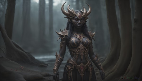 HQ,1girl,solo,long hair,breasts,looking at viewer,large breasts,black hair,red eyes,dress,cleavage,jewelry,medium breasts,closed mouth,standing,cowboy shot,earrings,outdoors,horns,pointy ears,armor,blurry,black dress,tree,blurry background,colored skin,shoulder armor,gauntlets,gem,nature,glowing eyes,forest,colored sclera,pauldrons,arms at sides,horn ornament,white eyes,grey skin,black skin,black lips,piercing,elf,fantasy