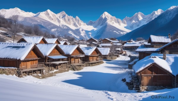 outdoors,sky,day,cloud,tree,blue sky,no humans,window,building,nature,scenery,snow,forest,mountain,door,road,house,winter,landscape,town,chimney,fence,mountainous horizon