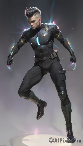 solo,short hair,black hair,gloves,1boy,full body,male focus,multicolored hair,boots,black gloves,pants,artist name,armor,bodysuit,muscular,glowing,black pants,science fiction,black bodysuit,undercut,white hair,shoulder pads,mohawk