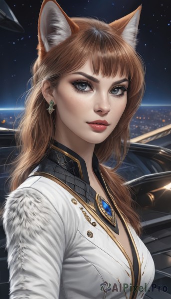 1girl,solo,long hair,breasts,looking at viewer,bangs,blue eyes,brown hair,animal ears,cleavage,jewelry,medium breasts,closed mouth,jacket,upper body,earrings,sky,cat ears,lips,animal ear fluff,grey eyes,fox ears,eyelashes,makeup,night,lipstick,brooch,gem,star (sky),night sky,starry sky,freckles,nose,red lips,shirt,outdoors,artist name,signature,necklace,wavy hair,white jacket,thick eyebrows,ground vehicle,eyeshadow,realistic,car,eyeliner,star earrings,mascara