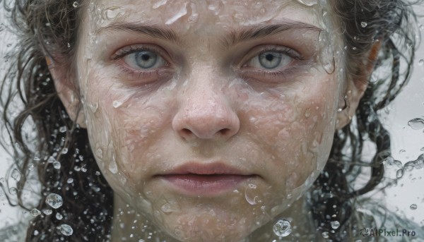 1girl,solo,long hair,looking at viewer,blue eyes,brown hair,black hair,closed mouth,water,lips,wet,grey eyes,eyelashes,portrait,close-up,water drop,realistic,nose,wet hair,white background,blurry,expressionless,straight-on