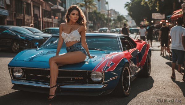 1girl,long hair,breasts,looking at viewer,brown hair,black hair,navel,cleavage,bare shoulders,brown eyes,jewelry,medium breasts,sitting,collarbone,earrings,outdoors,multiple boys,shorts,solo focus,day,midriff,dark skin,black footwear,blurry,high heels,bracelet,dark-skinned female,tree,lips,crop top,legs,short shorts,bare legs,makeup,blurry background,arm support,sandals,denim,ground vehicle,motor vehicle,camisole,denim shorts,realistic,spaghetti strap,car,road,cutoffs,vehicle focus,sports car,on vehicle,belt,nail polish,looking to the side,lipstick,building,strap slip,toenails,anklet,toenail polish,real world location