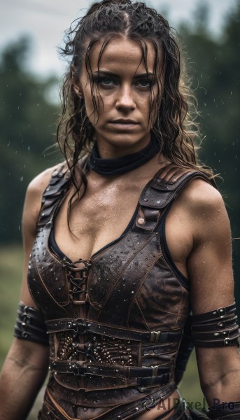 1girl,solo,long hair,breasts,looking at viewer,blue eyes,large breasts,brown hair,black hair,cleavage,bare shoulders,medium breasts,upper body,sleeveless,belt,armor,blurry,lips,blurry background,messy hair,curly hair,realistic,dirty,dark skin,dark-skinned female,wet,freckles,leather