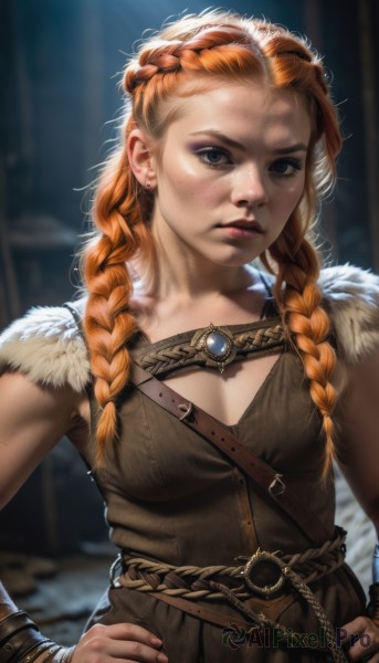 1girl,solo,long hair,breasts,looking at viewer,blue eyes,dress,jewelry,closed mouth,upper body,braid,earrings,small breasts,sleeveless,belt,artist name,necklace,orange hair,blurry,twin braids,lips,grey eyes,fur trim,makeup,blurry background,freckles,hands on hips,realistic,nose,bracer,cleavage,medium breasts