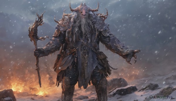 solo,long hair,gloves,1boy,holding,animal ears,standing,weapon,white hair,grey hair,male focus,boots,outdoors,horns,pants,holding weapon,armor,feet out of frame,facial hair,fire,staff,shoulder armor,gauntlets,beard,snow,pauldrons,snowing,mountain,holding staff,greaves,embers,looking at viewer,sky,sword,glowing,knife,glowing eyes,spikes,rock,dagger,axe,holding axe