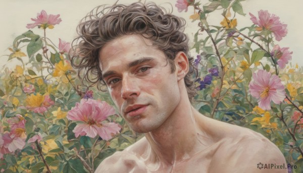 solo,looking at viewer,short hair,brown hair,black hair,1boy,brown eyes,collarbone,upper body,flower,male focus,parted lips,black eyes,lips,leaf,traditional media,plant,portrait,pink flower,topless male,realistic,painting (medium),smile,closed mouth,nude,yellow flower,purple flower,watercolor (medium)