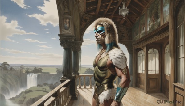 solo,1boy,jewelry,standing,white hair,male focus,outdoors,sky,day,cloud,water,necklace,armor,mask,muscular,facial hair,building,scenery,beard,stairs,clock,vambraces,bracer,pillar,waterfall,fountain,long hair,blonde hair,blue sky,fur trim,tattoo,cloudy sky,facepaint,architecture,statue,pelt