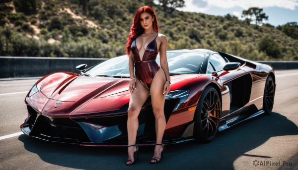 1girl,solo,long hair,breasts,looking at viewer,smile,cleavage,jewelry,medium breasts,standing,swimsuit,braid,red hair,outdoors,day,blurry,high heels,bracelet,leotard,one-piece swimsuit,single braid,blurry background,highleg,tan,ground vehicle,breasts apart,motor vehicle,car,vehicle focus,stiletto heels,sports car,large breasts,collarbone,full body,nail polish,hand on hip,makeup,shadow,sandals,personification,toenails,long legs,toenail polish,race queen,red one-piece swimsuit,plunging neckline