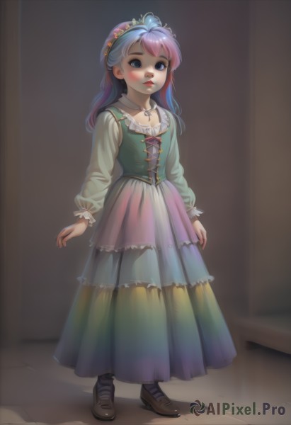 1girl,solo,long hair,looking at viewer,blush,bangs,blue eyes,skirt,shirt,long sleeves,dress,jewelry,closed mouth,blue hair,standing,full body,white shirt,pink hair,purple hair,multicolored hair,frills,shoes,artist name,necklace,black footwear,flat chest,two-tone hair,lips,gradient hair,makeup,brown footwear,cross,tiara,loafers,multicolored clothes,corset,freckles,long skirt,arms at sides,red lips,female child,cross necklace,multicolored dress,hair ornament,flower,boots,parted lips,hair flower,shadow,watermark,child