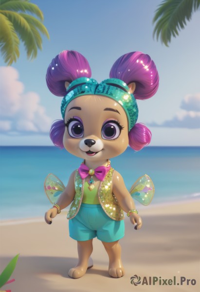 1girl,solo,looking at viewer,smile,open mouth,shirt,bow,animal ears,jewelry,standing,purple eyes,full body,purple hair,outdoors,wings,sky,shorts,barefoot,teeth,day,artist name,cloud,bowtie,water,necklace,hair bun,star (symbol),vest,bracelet,tree,blue sky,double bun,makeup,:3,blurry background,ocean,beach,happy,pink bow,child,furry,blue shorts,bandana,sand,palm tree,furry female,horizon,female child,animal nose,yellow vest