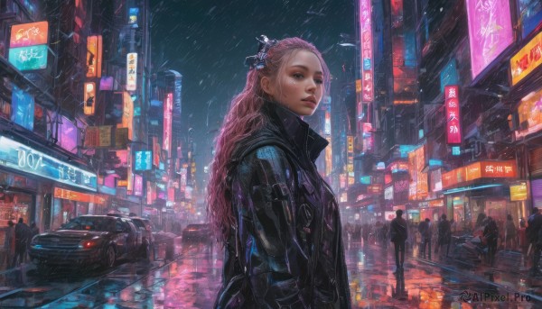 1girl, long hair, looking at viewer, hair ornament, jacket, pink hair, outdoors, solo focus, dutch angle, night, ground vehicle, motor vehicle, rain, city, sign, realistic, car, road, street, cyberpunk, neon lights