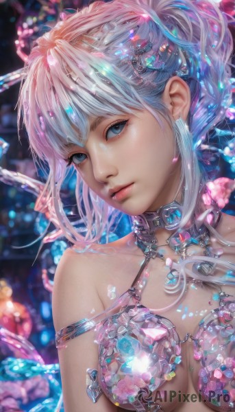 1girl,solo,long hair,breasts,looking at viewer,bangs,blue eyes,hair ornament,bare shoulders,jewelry,medium breasts,closed mouth,blue hair,upper body,ponytail,earrings,choker,blurry,lips,blurry background,gem,crystal,realistic,nose,cleavage,collarbone,pink hair,white hair,sidelocks,multicolored hair,shiny,artist name,collar,head tilt,eyelashes,watermark,expressionless,revealing clothes,web address