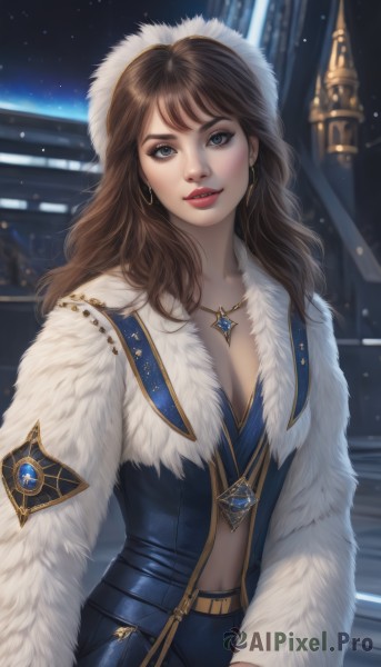 1girl,solo,long hair,breasts,looking at viewer,bangs,blue eyes,brown hair,long sleeves,navel,cleavage,jewelry,medium breasts,earrings,outdoors,parted lips,necklace,blurry,lips,fur trim,makeup,night,blurry background,lipstick,snow,pendant,hoop earrings,snowing,realistic,red lips,smile,dress,upper body,sky,teeth,artist name,grey eyes,eyelashes,blue dress,gem,star (sky),night sky,eyeshadow,starry sky