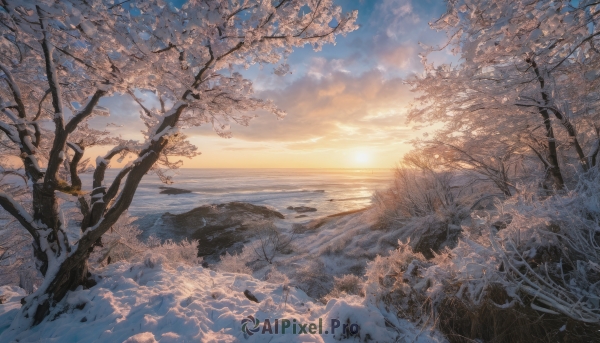 outdoors,sky,cloud,water,tree,blue sky,dutch angle,no humans,sunlight,cloudy sky,grass,nature,scenery,snow,sunset,mountain,sun,horizon,branch,winter,bare tree,landscape,sunrise,day,ocean