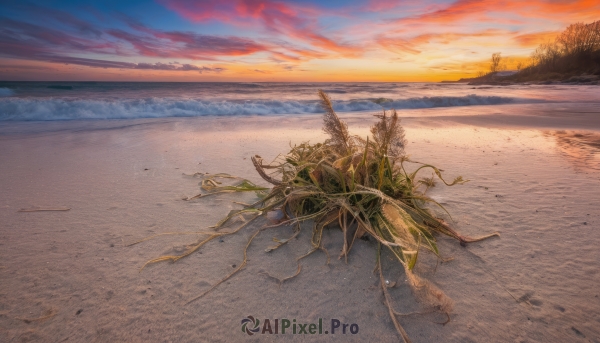 outdoors, sky, cloud, water, tree, dutch angle, no humans, ocean, beach, plant, scenery, sunset, sand, horizon, shore