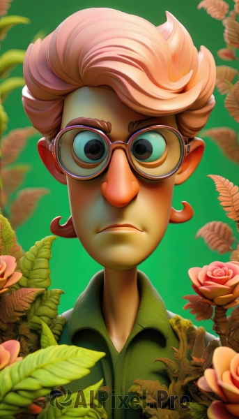 solo,looking at viewer,short hair,simple background,shirt,1boy,closed mouth,green eyes,upper body,pink hair,flower,male focus,glasses,collared shirt,artist name,rose,frown,leaf,plant,portrait,pink flower,green background,green shirt,pink rose,blue eyes,parted lips